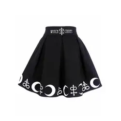 Для женщин Мини-юбки Готический Повседневное хип-хоп Хлопок Письмо плиссированные печать Луны женский Chic уличной моды Хэллоуин черные юбки