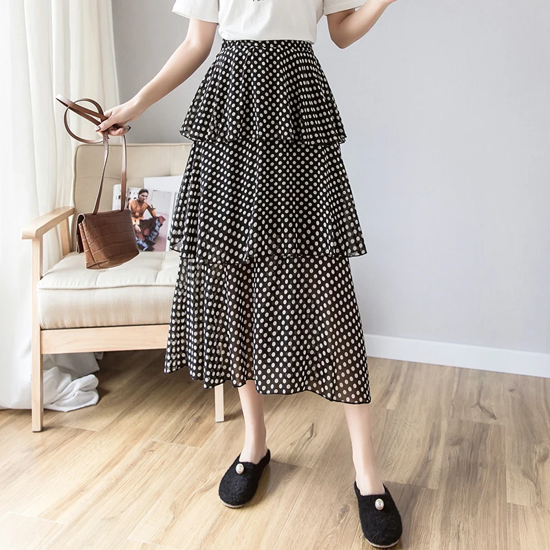 

2019 New Spring Women Skirt Polka Dot Chiffon High Waist Long Cake Skirts Orange White Black 8601