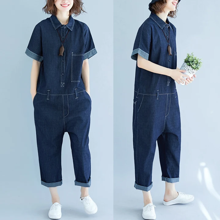 

[EWQ] 2019 Spring New Pattern Cotton Patchwork Denim Loose Big Size Baggy Harem Jumpsuit Wide Leg Harem Pants Women MC360