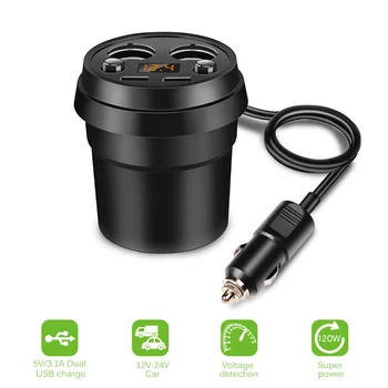 

3.1A Dual USB Car Charger Adapter with 2 Cigarette Lighter Socket Car Cup Holder Type Support Volmeter Display DC 12-24V