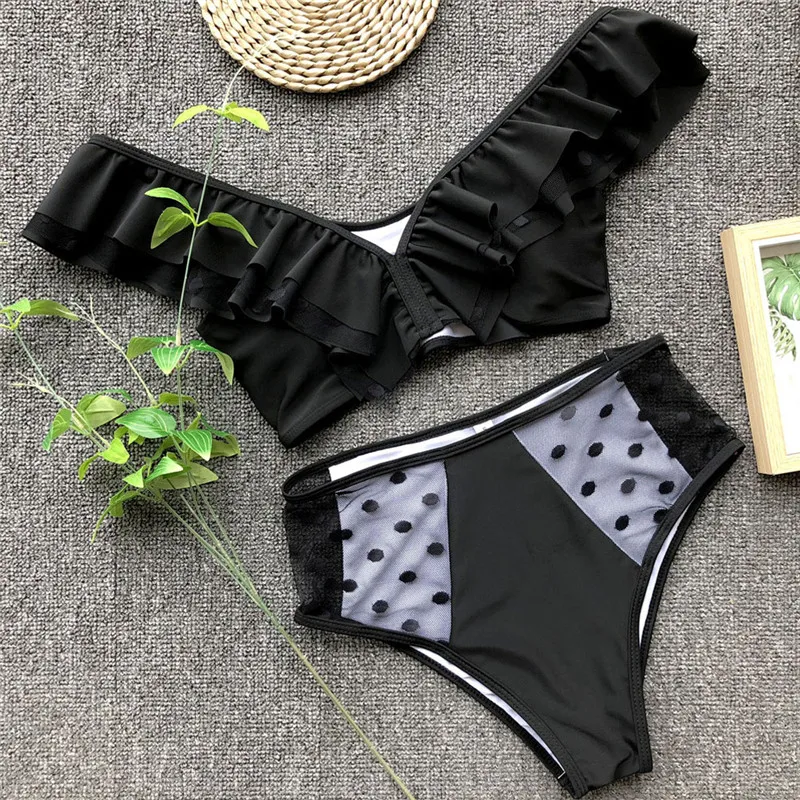 

Mesh patchwork women bikini set ruffles Hot sexy Off shoulder Padded Top High waist dot print Swimsuit Biquini femme white black