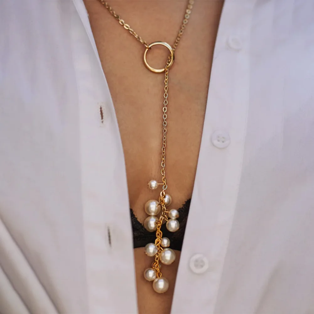 

Slim Chain Long Necklace Women Pearls Tassel Necklaces Pendant Choker Colar Gold Color Fashion Jewelry 2019 Boho Metal DBN003