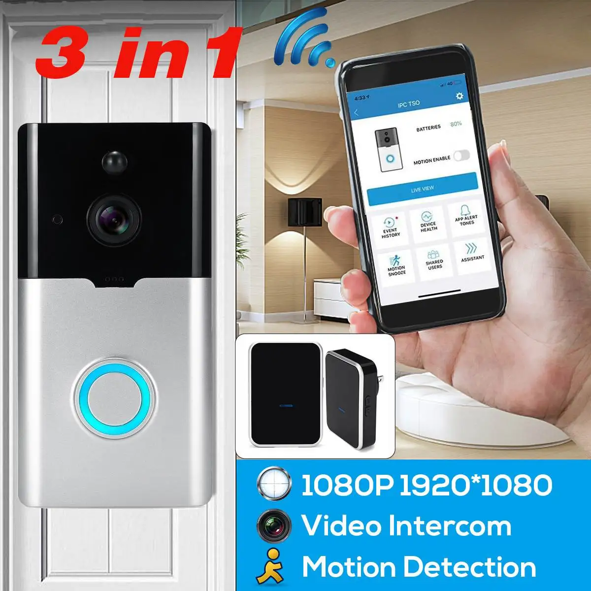 Умная Wi Fi видео дверной звонок Камера 1080P визуальный Домофон Запись Ding Dong