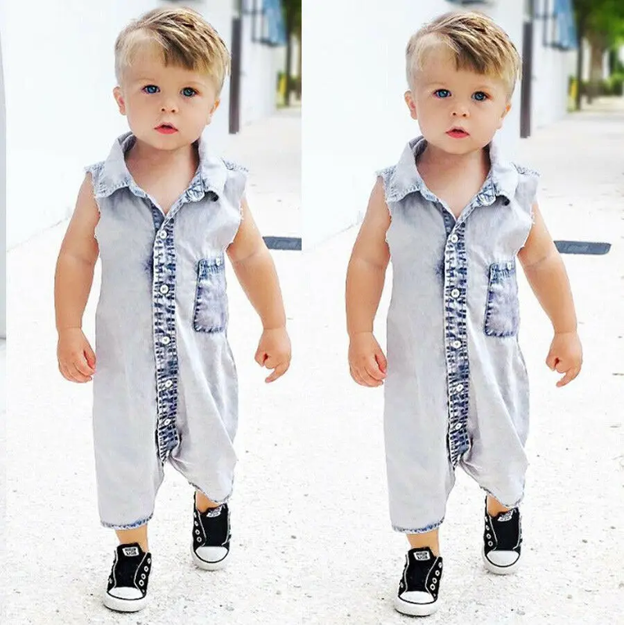 

Solid Sleeveless Denim Rompers For Boy,Kids Jumpsuits