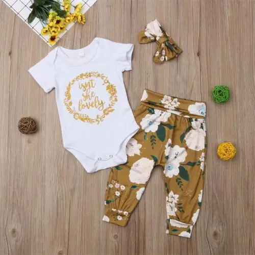 Pudcoco/комплект одежды для новорожденных девочек из 3 предметов; комбинезон с буквенным принтом+ штаны с цветочным принтом; комплект одежды