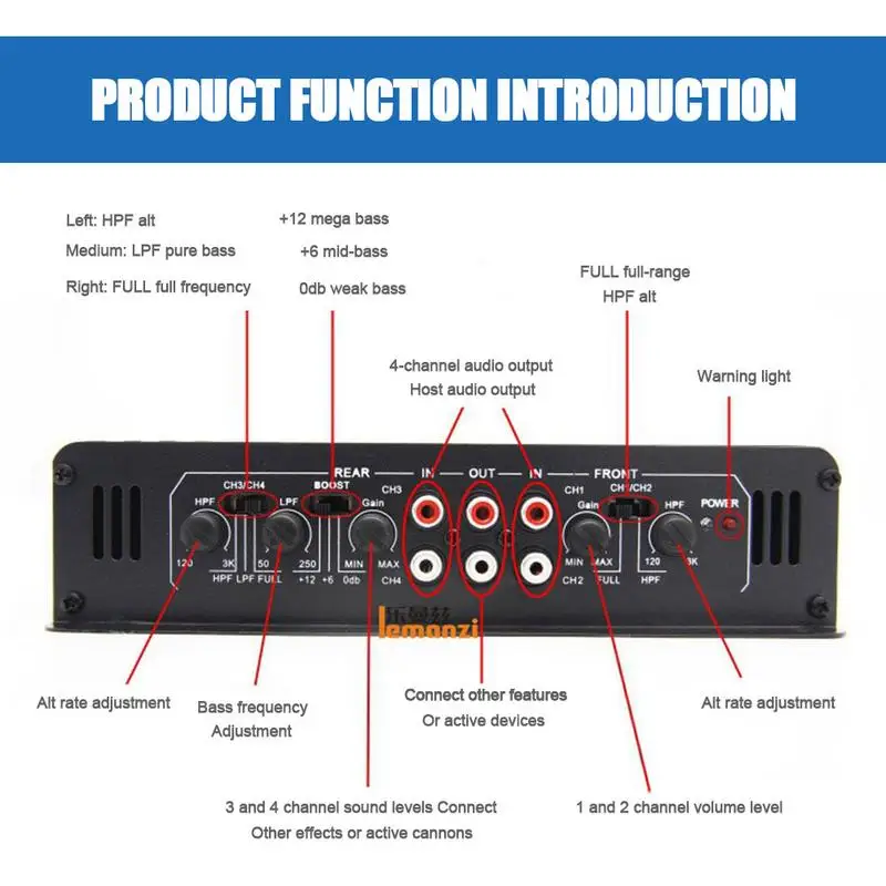 4Ohm Stable Class D Car Amplifier with Remote Subwoofer Control High Power 4 Channel Bass Car HiFi Amplifiers Subwoofer Set