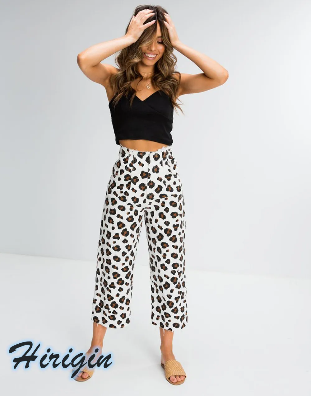 

Summer Women Casual Pants Women Casual Elastic High Waist Loose Pants Leopard Printing Wide Leg Trousers