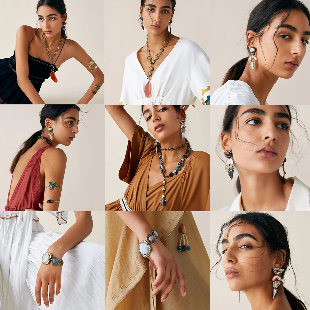 

Flatfoosie 2019 ZA New Fashion Bracelet Bangle Stone Geometric Long Necklace For Women Trendy Boho Vintage Handmade girl Jewelry