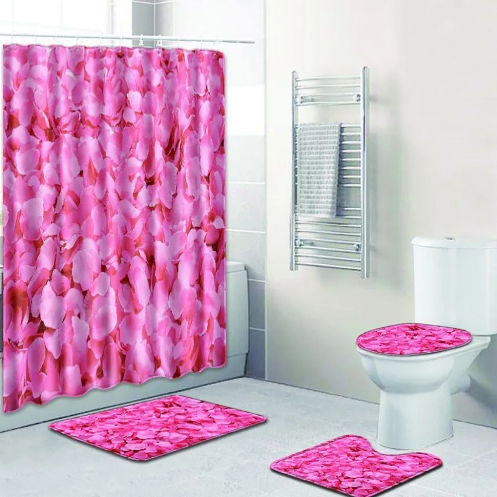 

4pcs Sea Style Non Slip Toilet Polyester Cover Mat Set Bathroom Shower Curtain Bathroom Decor General Purpose Non-slip Colorful