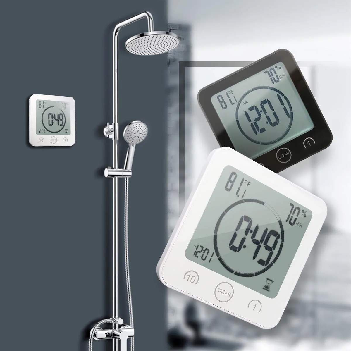 

LCD Digital Wall Clocks Temperature Humidity Meter Wall Clock Bathroom Shower Suction Countdown Kitchen Bath Timer Alarm 5 Color