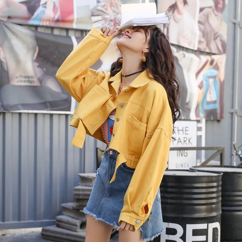 2019 Women Single Breasted Loose Denim Jacket Solid Red Yellow Ripped Cropped Denim Coats Motorcycle Biker Short Jeans Jacket