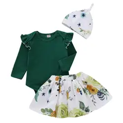 Милый хлопковый боди с длинными рукавами для новорожденных девочек от 0 до 24 месяцев, топы, юбка фуражка с цветочным рисунком, комплект