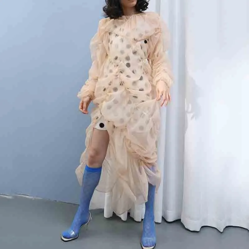 

[YaLee]New Fashion 2019 Spring Irregular Rubber Band Hole Semi Transparent O-neck Two Pieces Type Loose Pleated Dress Women Y784