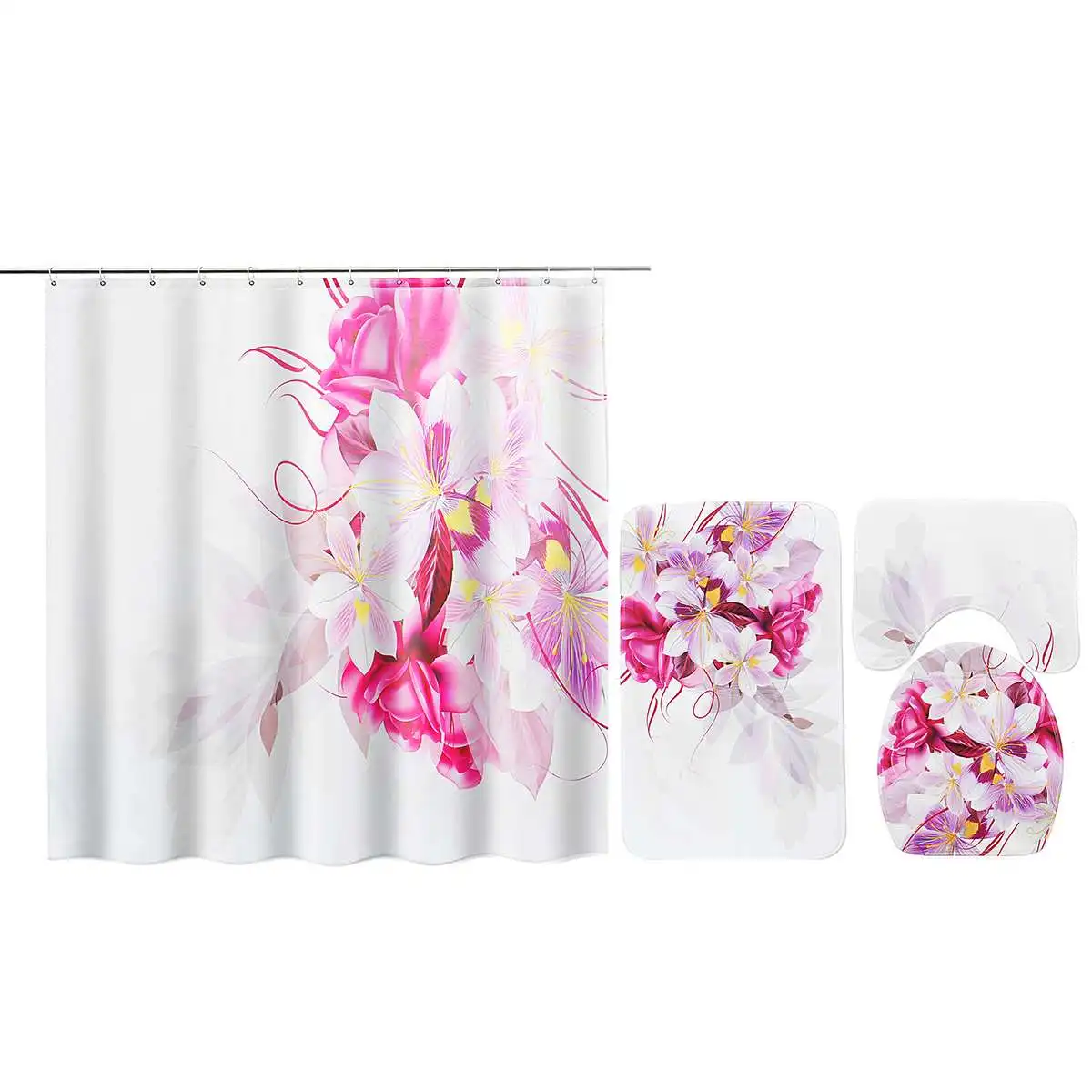 

4pcs/set Painted Flowers Bathroom Shower Curtains Pink Set Anti Slip Bath Floor Mat Toilet Seat Cover Kit Washable Curtain Kit