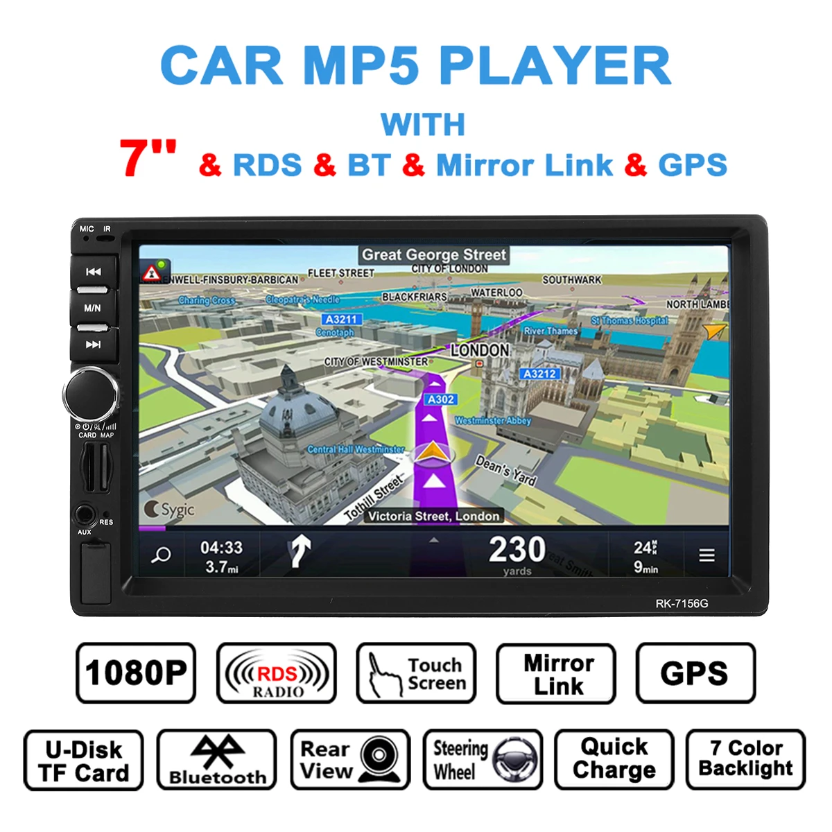 

7 Inch GPS HD for Touch Screen MP5 Player Bluetooth FM RDS Quick Charge Mirror Link Cam