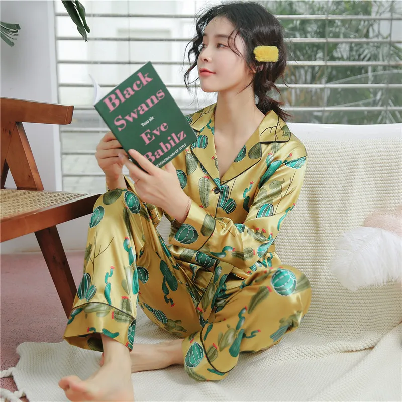 

women spring and summer simulation silk pajamas lapel casual silk home service long-sleeved trousers two-piece