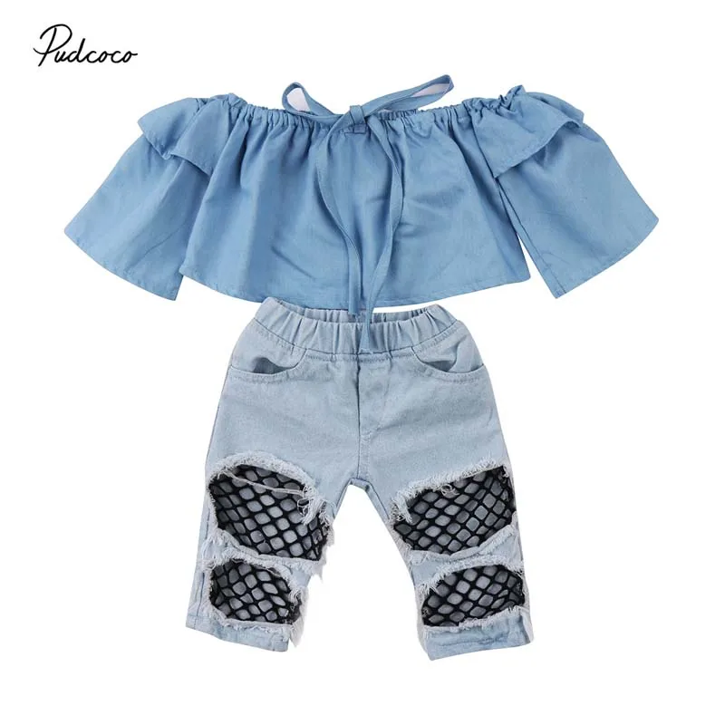 

2019 Brand Toddler Kid Baby Girl Clothes Summer New Fashion Off Shoulder Tops Blouse Denim Mesh Hole Pants Outfits Clothing Set