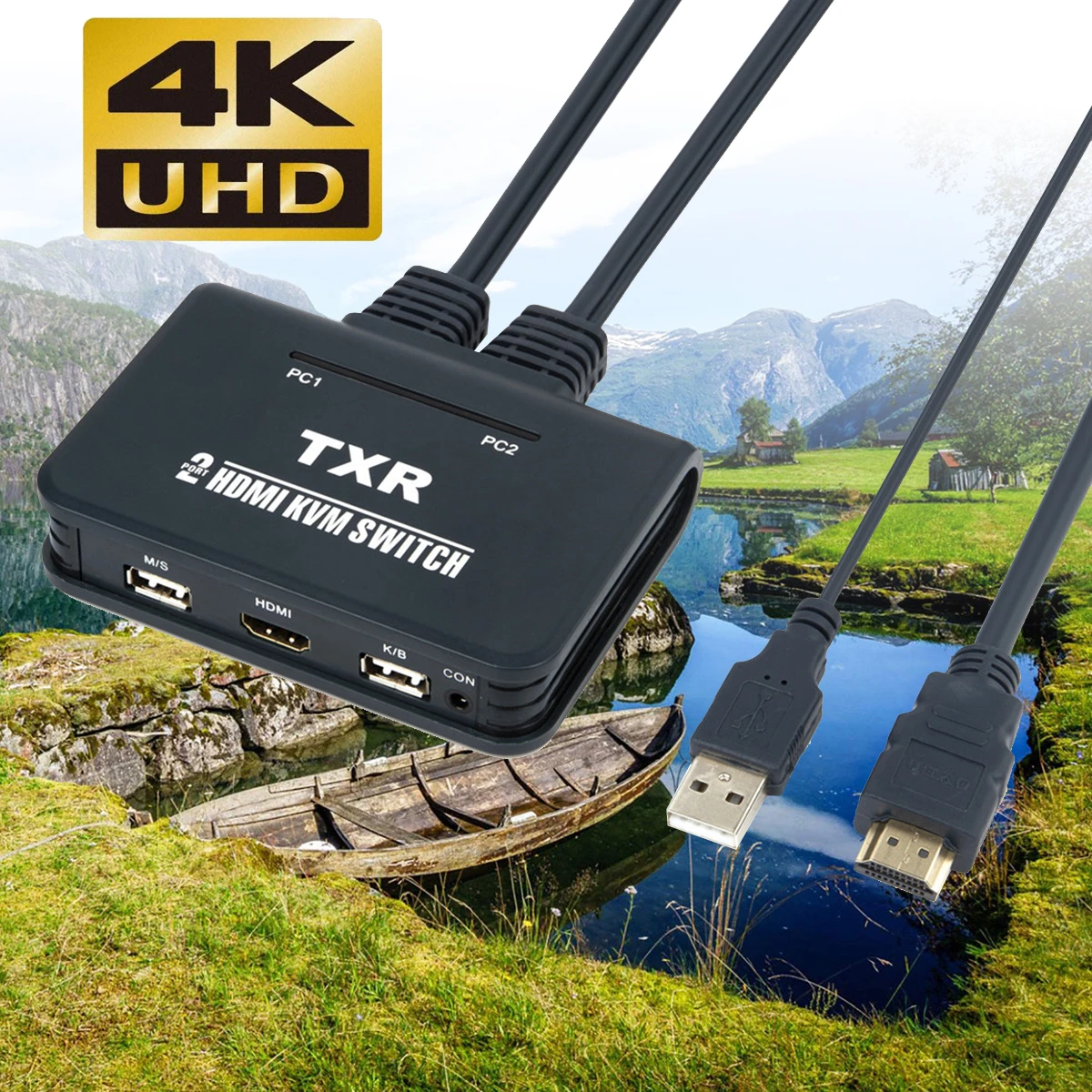  2 Port HDMI KVM Switch with Cables EL-21UHC Switcher for USB device