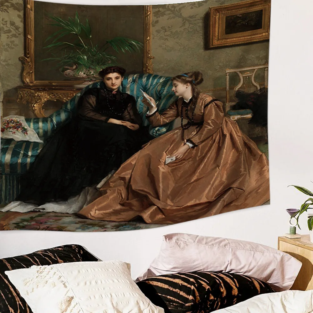 

Oil Painting European Tapestry Cloth Hanging Sandy Beach Wall Hanging Tenture Dorm Medieval Vintage Wall Carpet Decor Art