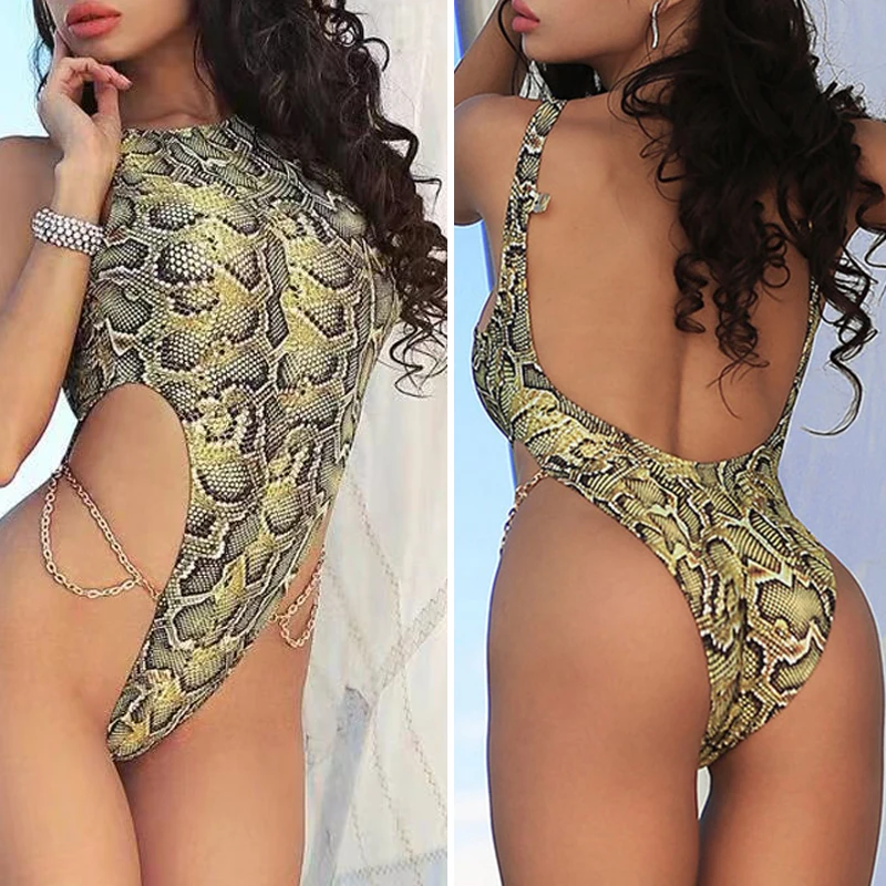 

2019 High neck swimwear Sexy high cut swimsuit one piece Snake skin bikini women monokini Push up bathing suit New bodysuit swim