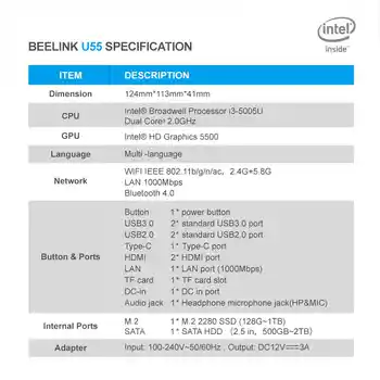 Beelink U55 Mini Pc Intel Core I3-5005U Processor(Intel Hd Graphics 5500), Ddr3L 8Gb Ram/256Gb Ssd/Diy Hdd 1000Mbps Lan 2.4/5.