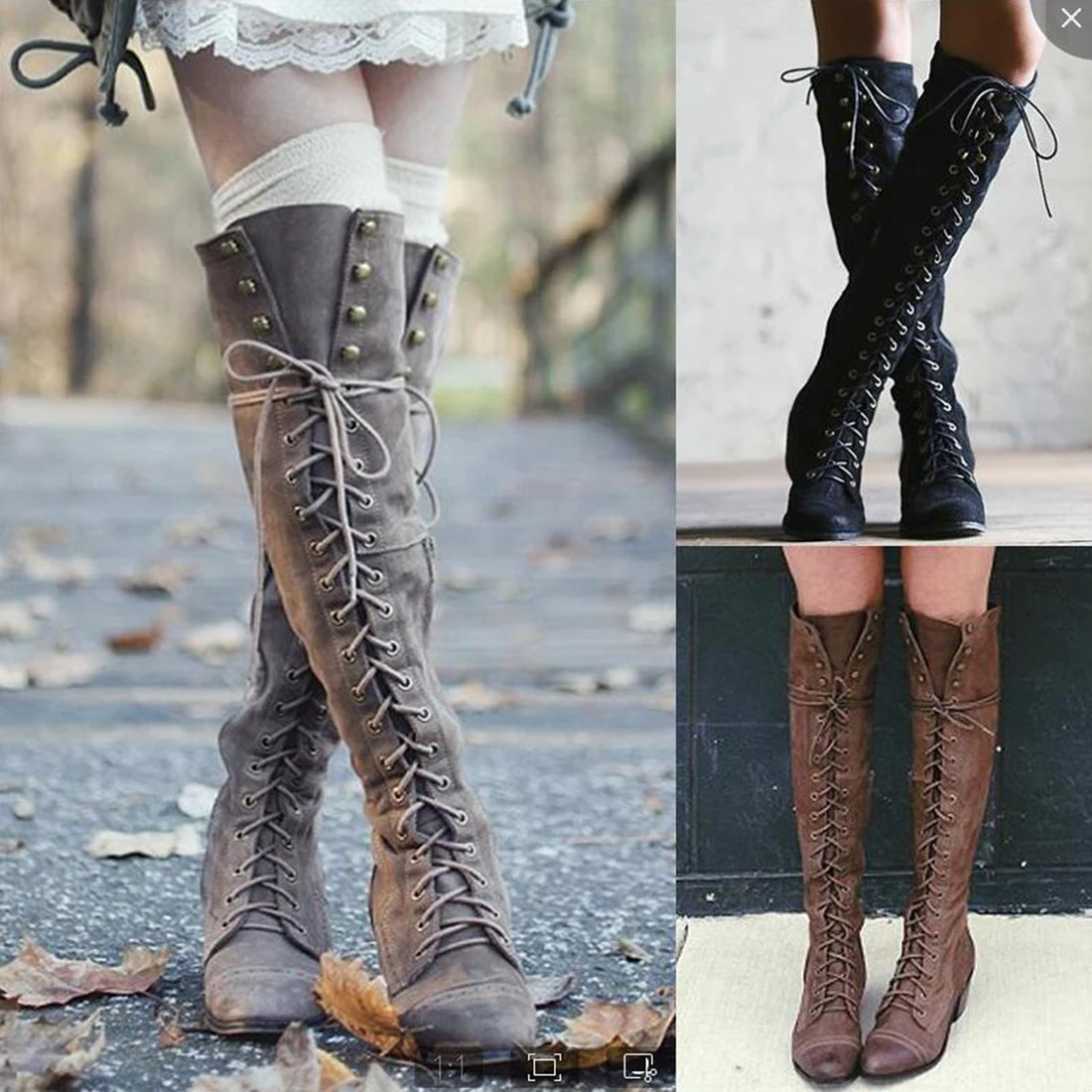 

YJSFG HOUSE Women Over The Knee High Boots Retro Cross Tied Lace Up Motorcycle Boots Vintage zip rivets ladies Winter Boots