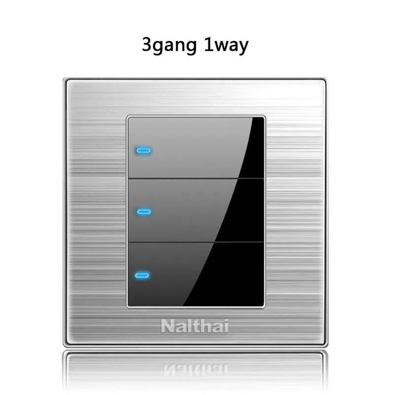 

86type 3 Gang 1Way Press button home switch Acrylic with led brushed stainless steel mirror light point switch UK Germany socket