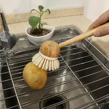 

Natural Wooden Long Handle Pan Pot Brush Dish Bowl Washing Cleaning Brushes Household Kitchen Cleaning Tools Brush Accessories