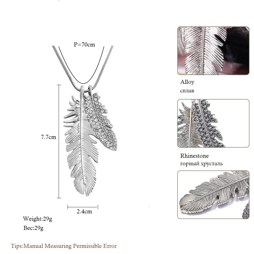 Meyfflin, винтажное длинное ожерелье для женщин, Кристальное перо, колье, ожерелье, модная Серебряная цепочка на свитер, ювелирное изделие, колье