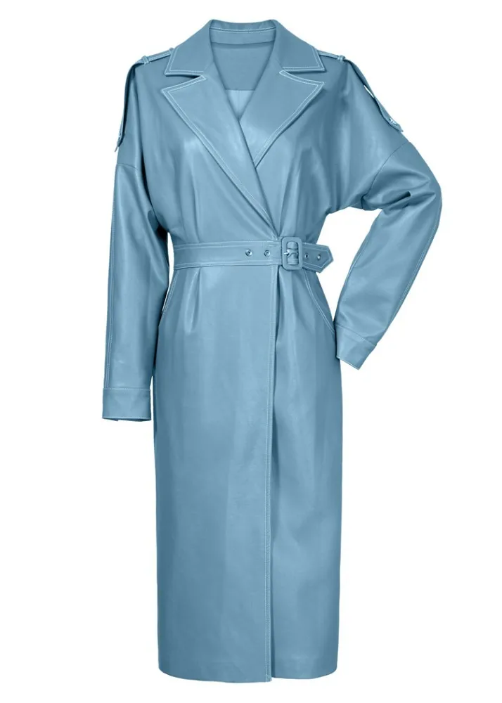 [EAM] 2019 Spring Woman Purple Color Long Sleeve Turn-down Collar Adjustable Waist Long High Waist PU Leather Caot LD856