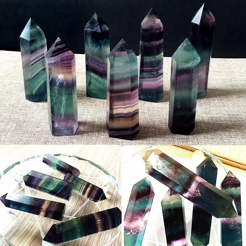 

100% Natural Fluorite Crystal Colorful Striped Fluorite 4.5-6.5CM Quartz Crystal Stone Point Healing Hexagonal Wand Treatment St
