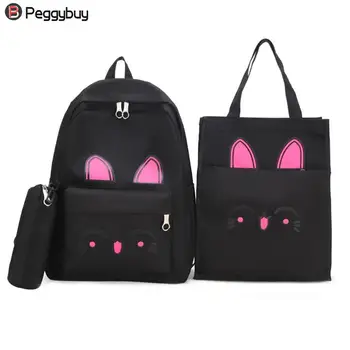 

3pcs/set Cute Cartoon Print Canvas Women Backpack Travel School Backpack with Pen Bags Mochila Feminina