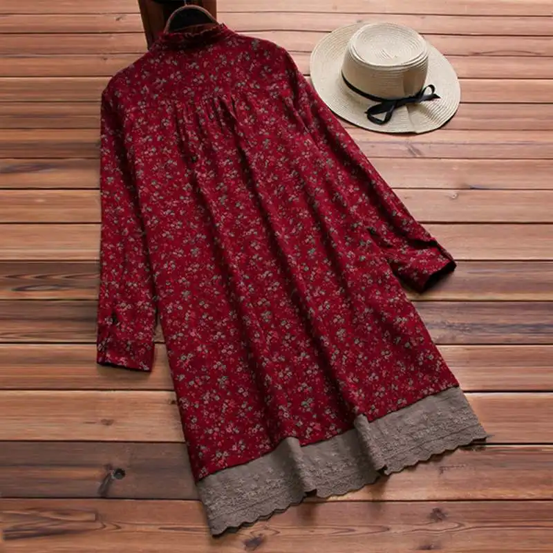 S 5XL Весенняя длинная рубашка с круглым вырезом, Vestido, женское платье с длинным рукавом в стиле пэчворк, повседневное винтажное платье с вышитым цветочным принтом