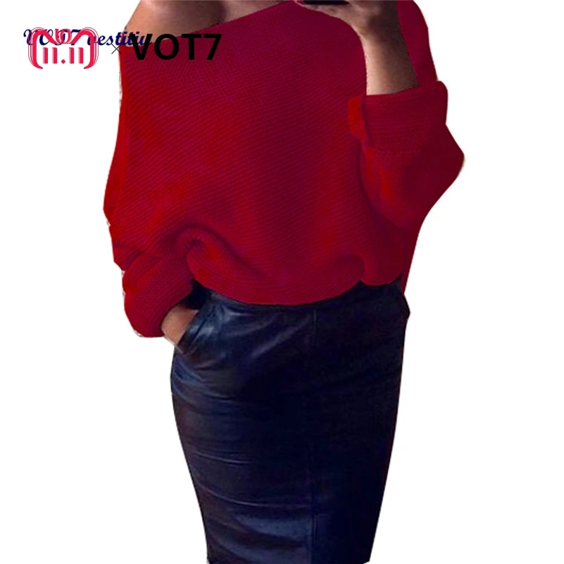 Модные свитер для женщин VOT7 VOT7 Для женщин с плеча Коренастый вязать трикотажные негабаритных мешковатые свитер джемпер Топ #23