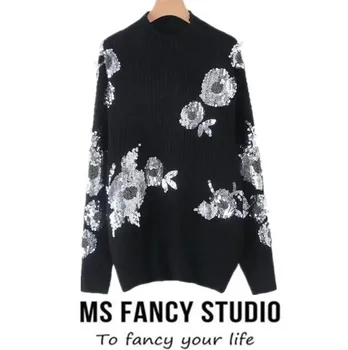 

2018 Women O-neck Black Floral Beading Sweater Half Turtleneck Luxury Beaded Oversize Jumpers Top Women Knit Pullovers