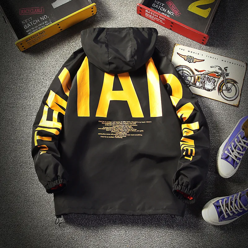 

#2926 2019 Spring Letter Printed Hip Hop Jacket Men Hooded Plus Size 5XL Streetwear Harajuku Jackets Zipper Loose Black Purple