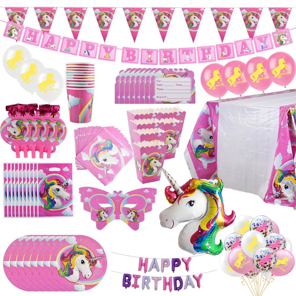 

Kids Unicorn Birthday Party Supplies Decorations Disposable Table Cover Plates Cups Napkins Tableware Happy Birthday Banner 8S