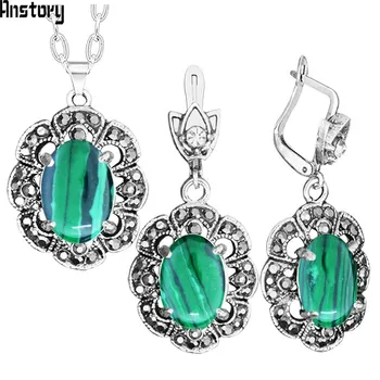 

Vintage Malachite Crystal Jewelry Sets Plumflower Pendant Rhinestone Fashion Jewelry TS434