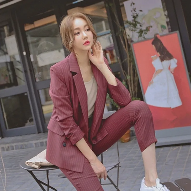 2019 Spring Work Pants Suits Striped Blazer Jacket & Zipper Trousers Suit Office Lady Two Piece Sets Double Breasted Casual Suit