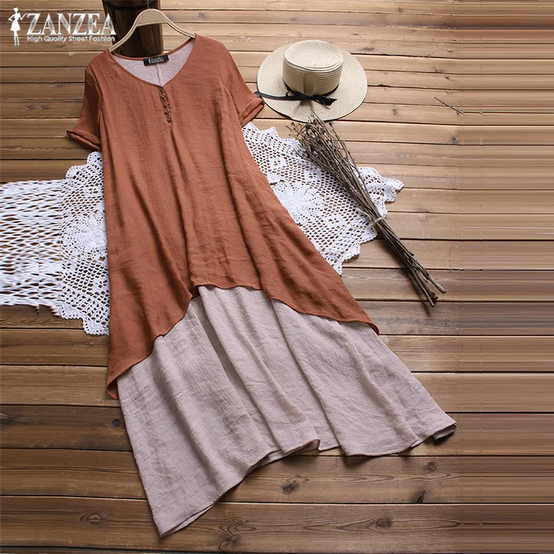 

ZANZEA Women Summer Dress Short Sleeve Vestidos Casual Fate Two Pieces Dresses Beach Party Robe Femme Soft Sundress Plus Size