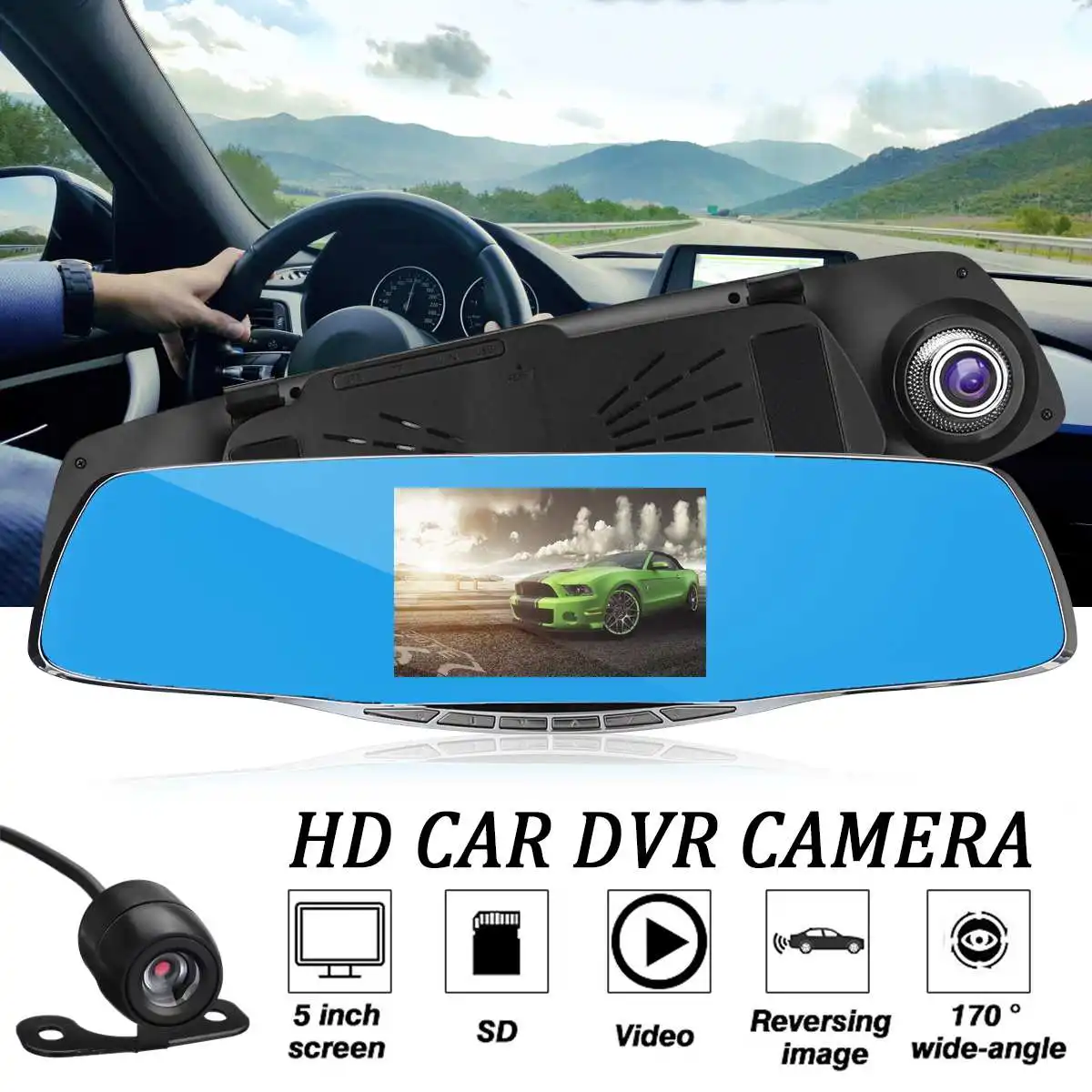 

5" HD 1080P Car DVR Dual Lens Video Recorder Blue Mirror DVRS Dash Camcorder + Parking Reverse Rearview Camera Night Vision
