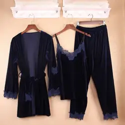 4 цвета 3 предмета пикантные женские пижамы бархат халат с поясом пижамы сплошной Длинные штаны ночная рубашка
