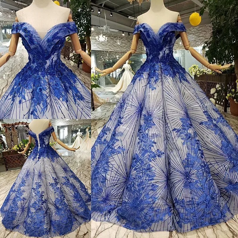 2019 New  Blue Off-the-shoulder Cap Sheelves  Lace Up Eppliqued With Beading Crystal Sequined  Ball Gown Wedding Dress