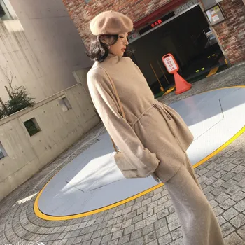 

Autumn Winter Women Knitted Two Piece Set Turtleneck Sweater and Wide Leg Pants Casual Suits Lace-up Solid Outfits