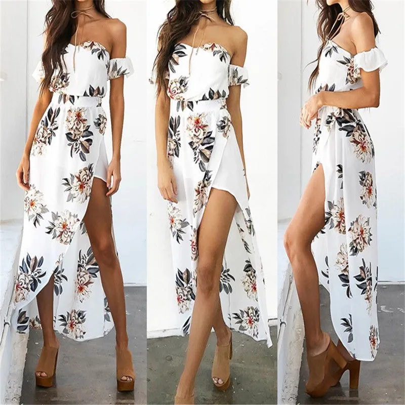 

Women Ladies Floral Midi Off Shoulder Short Sleeve irregular Dress Summer Party Maxi Beach Sundress