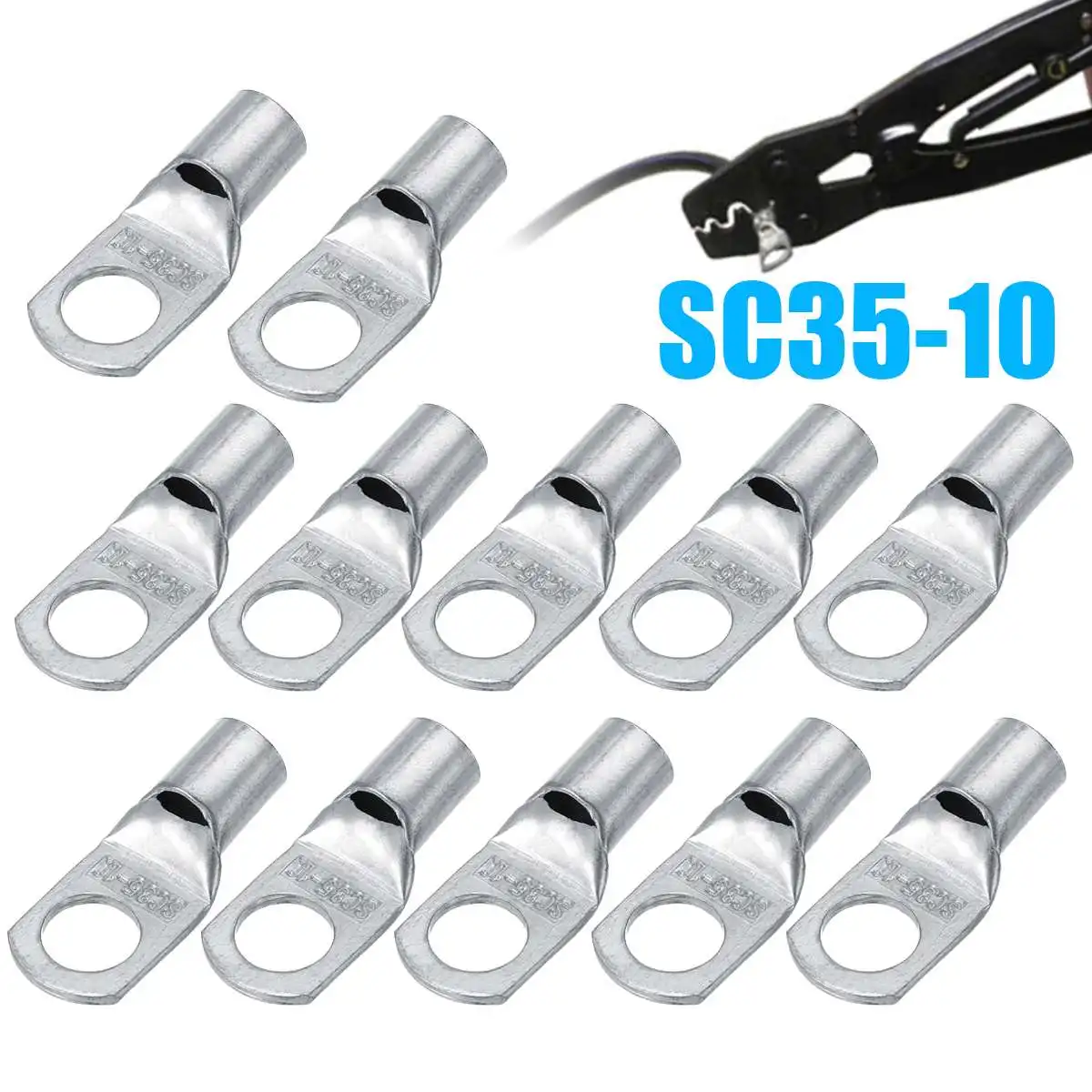 

12 Pcs Copper Cable Lugs Set Terminal SC35-10 Wire Connector 2 AWG Hole 10mm Tinned Silver Copper Terminals Kit Connectors