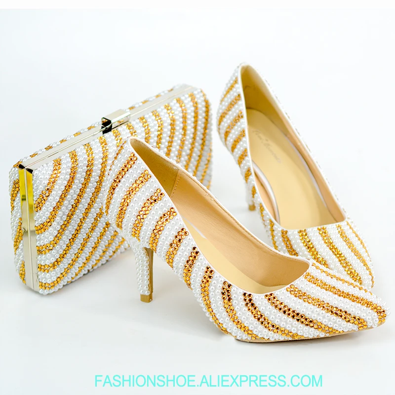 

Custom Gold Shoes and Bag Set Wedding Shoes Party Clutches Italy Style Sweety Princess High Quality Pearls Crystal Made Handwrok