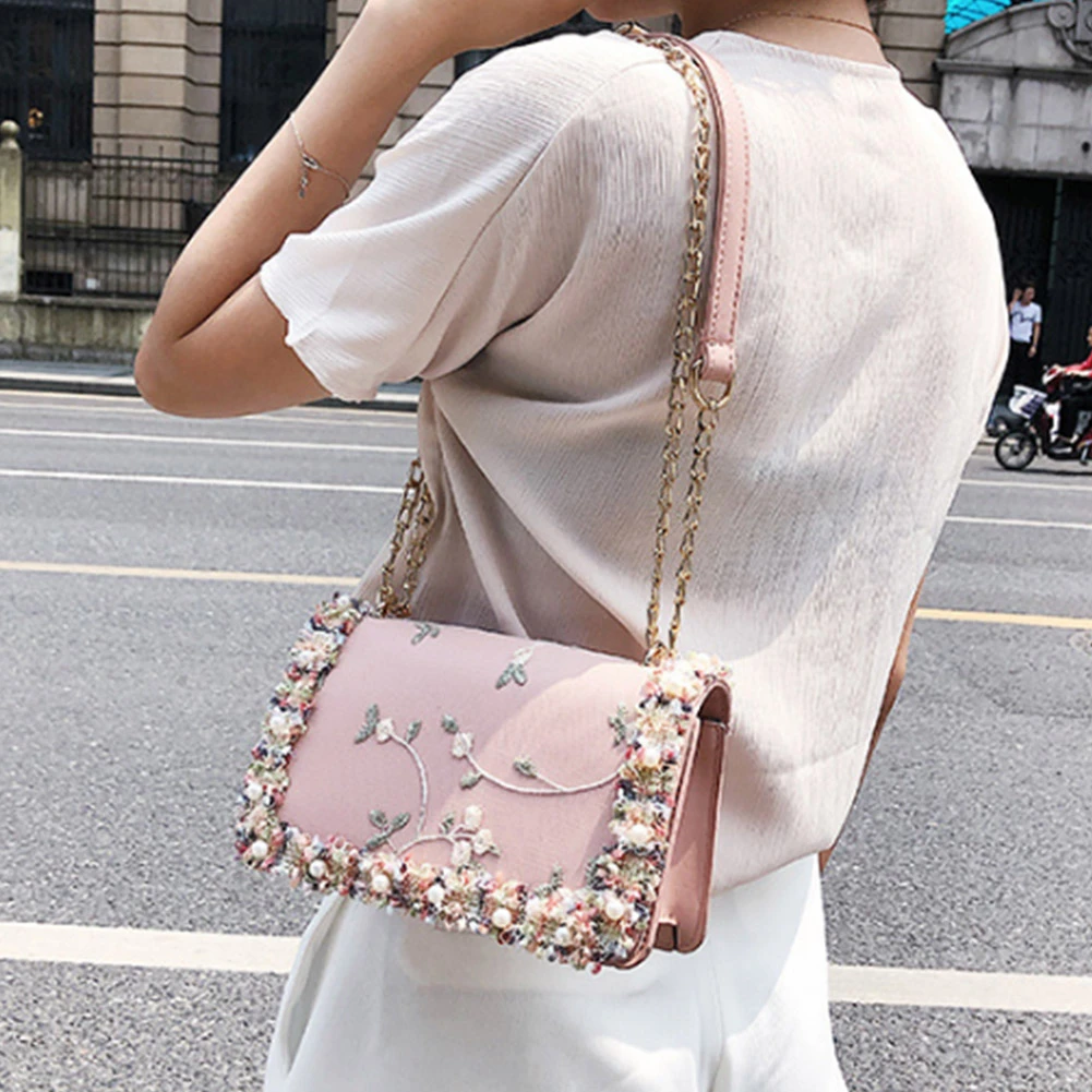 Flor de encaje de moda bolso de mujer 2018 bolso nuevo de la aleta de muchacha dulce flor perla bolsos cruzados cadenas bandolera de hombro|Bolsos bandolera| - AliExpress