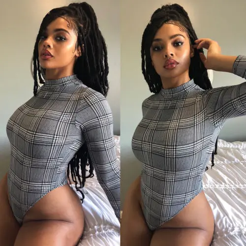 

Fashion Women Bodycon Bodysuit Long Sleeve Plaid Checked Print Bandage Jumpsuit Sexy Romper Leotard Top Shirt
