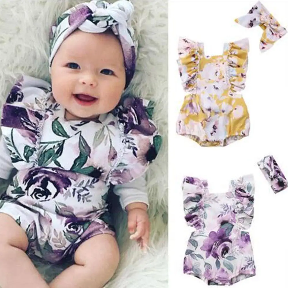 Kidlove Newborn Baby Girls Butterfly Sleeve Romper+Headband Set Infant